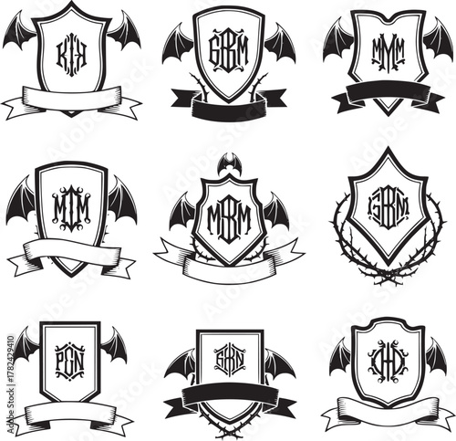 Collection of vintage monochrome shields and emblems with classic typography
