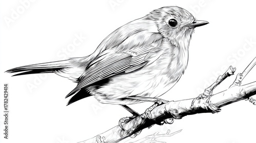 Detailed Illustration of a Bird Perched on a Branch in Black and White