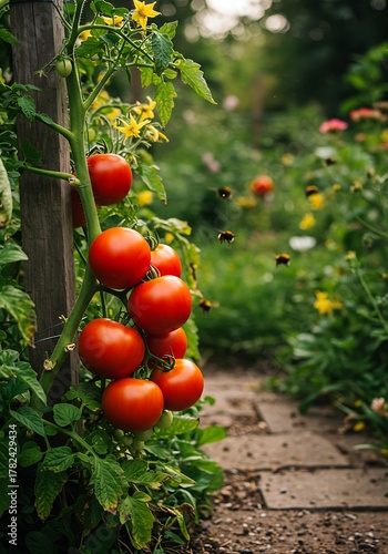 Ripe red tomatoes growing on a vine in a lush garden with a stone path.