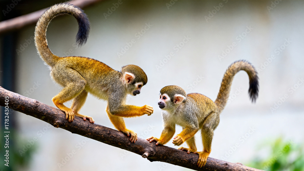 Obraz premium Two monkeys interacting on a branch