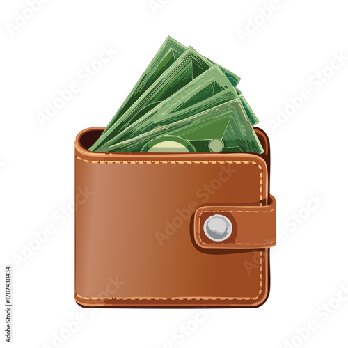 Leather wallet and purse containing cash dollars and other currency for finance and shopping payments