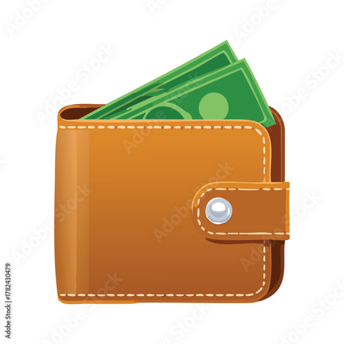 A brown leather wallet containing two green paper bills is displayed against a white background.