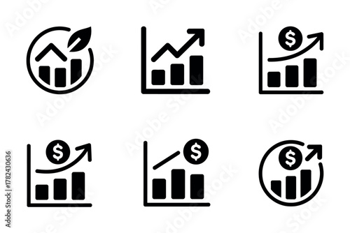 Collection of business growth chart icons showing financial success and positive trends in a modern vector style