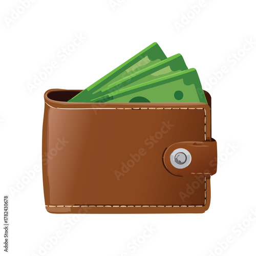 A brown leather wallet, slightly open, containing several green banknotes, isolated on a white background.