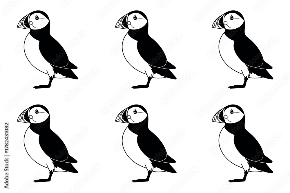 Naklejka premium Seamless pattern of atlantic puffins in black and white standing on a white background creating a simple design