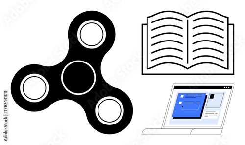 Black fidget spinner, open book with text lines, and laptop with an active digital task interface. Ideal for education, focus, productivity, learning, mindfulness technology modern tools. A simple