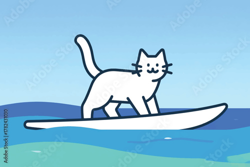 Cartoon white cat surfing on a blue board across stylized ocean waves under clear sky. Playful and whimsical illustration, perfect for kids, humor, summer, and creative design projects.