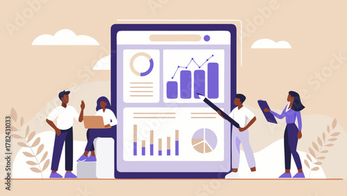 Diverse team analyzing financial data on a large screen