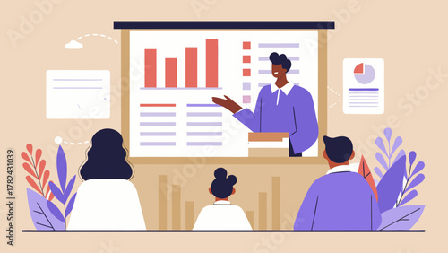 Business presentation with charts and graphs in a modern office setting