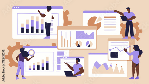 Diverse team analyzing data and charts on screens with a modern flat design
