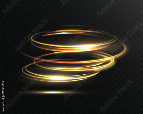 Golden glowing light rings, swirling energy circles, abstract luminous rotation on dark transparent background.
