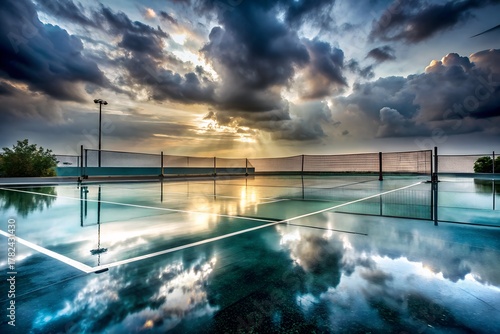 Tennis Court Reflection at Sunset Outdoor Sport Venue Cloudy Sky Wet Surface Competitive Game Summer Season Professional Training