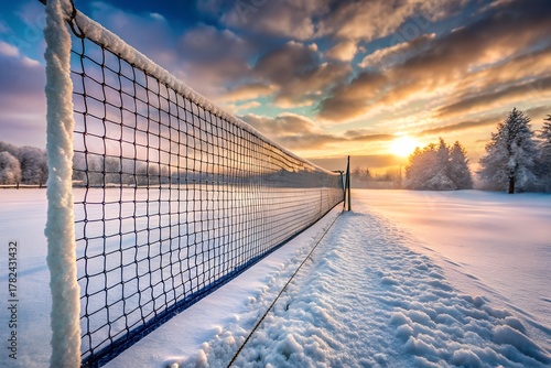Winter Tennis Court Snow Covered Landscape Sport Recreation Cold Weather Frozen Ground Outdoor Game Sunlight Through Clouds