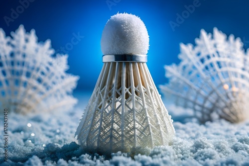 Winter Badminton Shuttlecock Snowflakes on Blue Backdrop Leisure Sport Equipment
