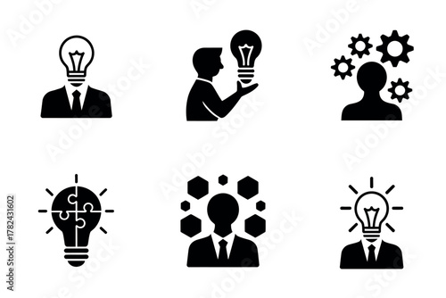 Businessmen icons representing ideas innovation problem solving and teamwork in a vector graphic design
