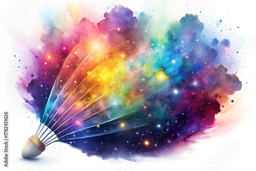 Creative Shuttlecock with Colorful Powder Blast Splash Explosion Against White Background Art Design Element Graphic Energetic Action Sport Dynamic