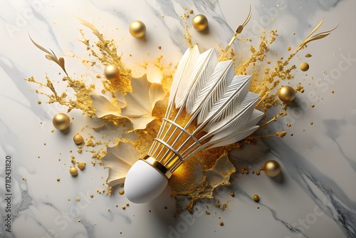 Shuttlecock Explosion of Gold Elegance:  Feathers and Orbs in Stunning Still Life for Luxury Brand Assets