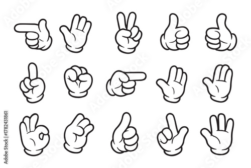 Retro groovy style hands set. Cartoon hippie hand collection. Vintage hippy various palm sticker pack. Showing gestures victory, shaka, ok, rock and love. Abstract trendy y2k vector eps illustration