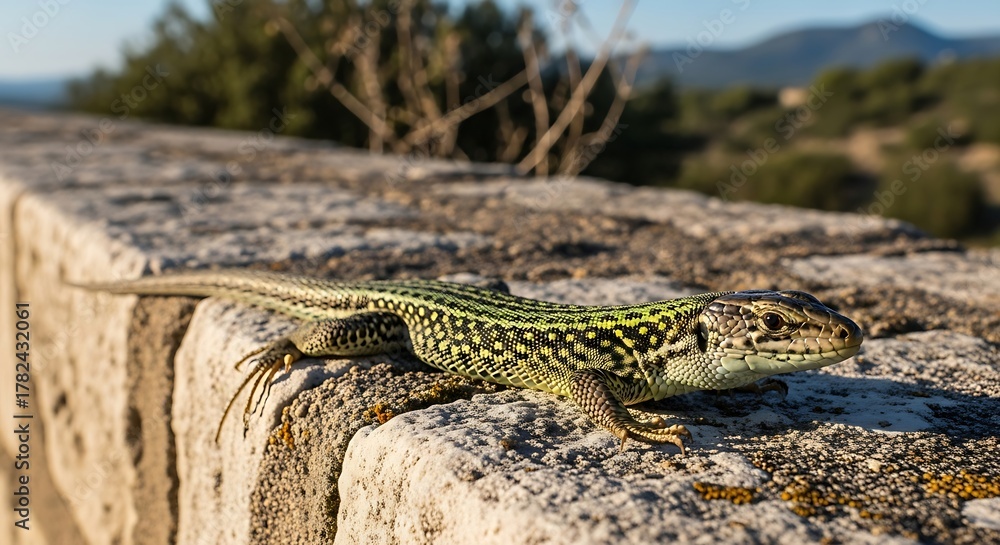 Naklejka premium Lizard basking in sunlight on a stone wall, nature scene.