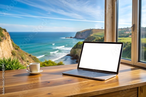 Open Laptop with Blank Screen on Wooden Desk Overlooking Coastal Cliffs and Ocean View.  Work From Home, Scenic Workspace, Nature Background, Digital Nomad