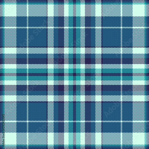 Pixelated tartan pattern in cool blues and greens. Perfect for textile design, backgrounds, or retrothemed projects needing a classic yet modern feel.