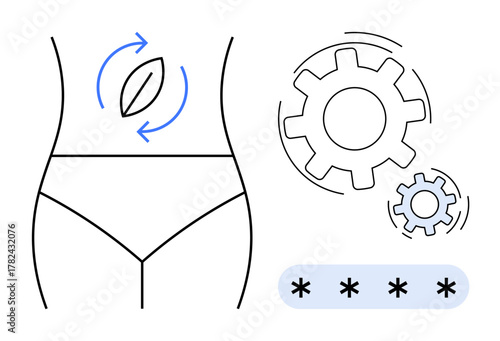 Female waist with leaf icon and cyclic arrows showing natural harmony, gears representing metabolism or digestion. Ideal for health, wellness, fitness, metabolism, digestion, balance, simple flat