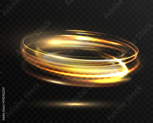 Golden glowing light rings, swirling energy circles, abstract luminous rotation on dark transparent background.
