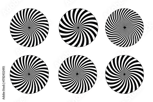 Six hypnotic spirals creating an optical illusion on a white background for design and visual effects projects