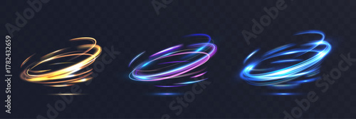 Colorful glowing light spirals, luminous energy tornado rings in gold, pink, and blue tones on dark transparent background.

