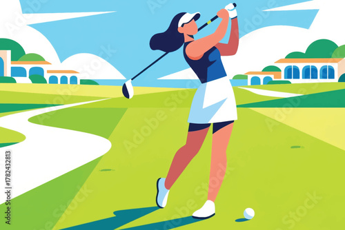 Stylized female golfer illustration mid-swing on sunny course with green fairways, sand traps, and clubhouse. Vibrant sports artwork, perfect for leisure, outdoor, lifestyle, and fitness projects