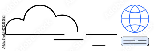 Cloud linked by lines to a server and a globe, symbolizing data synchronization and connectivity. Ideal for technology, networking, innovation, globalization, data storage, online systems, simple