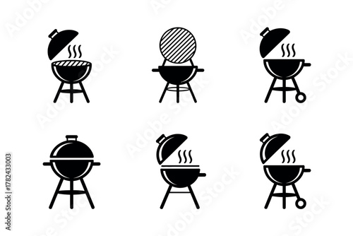 Collection of barbecue grill icons in black and white showing different styles and cooking methods for outdoor grilling
