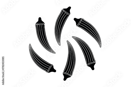 Black and white graphic illustration of okra pods arranged in a circular pattern on a white background