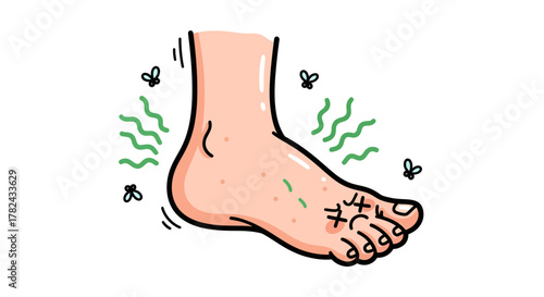 Humorous depiction of smelly foot with visible odor waves and unhappy toe expressions