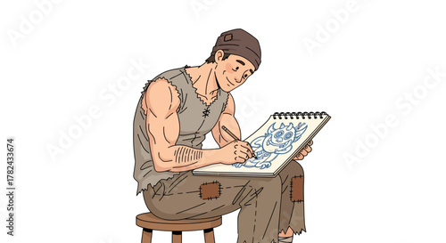 Illustration depicting a man sketching a whimsical cartoon character with dedication and passion