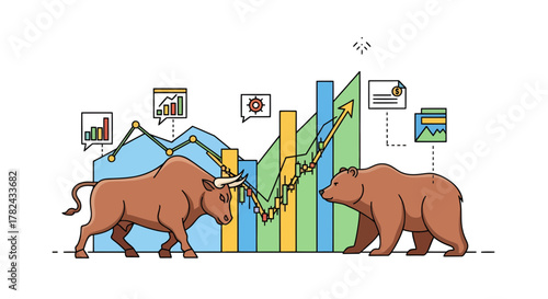 Illustrated bull and bear face off amidst financial graphs representing stock market trends