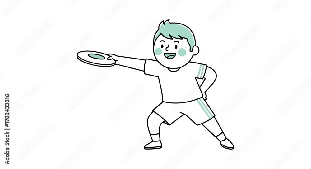Obraz premium Illustrative boy throwing frisbee with athletic stance and cheerful expression cartoon style on