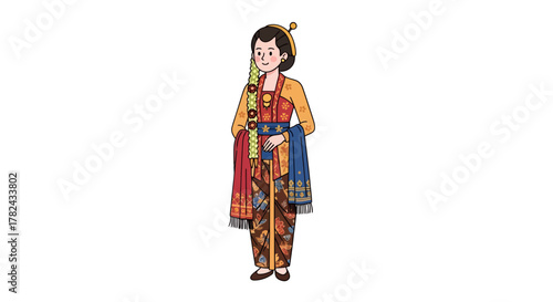 Illustration showcasing a young woman in a traditional Javanese Kebaya attire with cultural