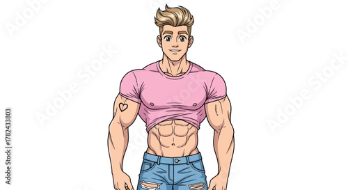 Illustration showcasing a muscular cartoon man in a pink shirt revealing defined abdominal muscles