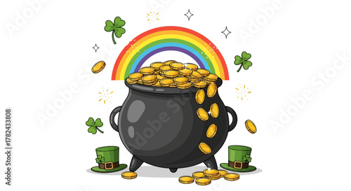 Illustration of St. Patrick's Day with overflowing pot of gold under a vibrant rainbow