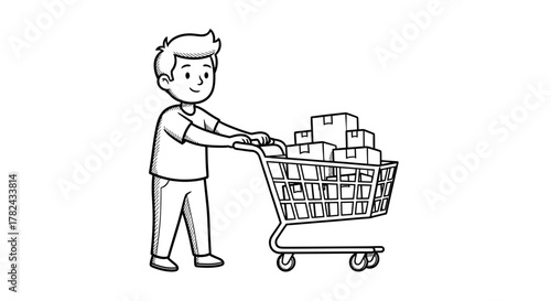Illustrative depiction of a young man navigating a shopping cart filled with boxes purchases