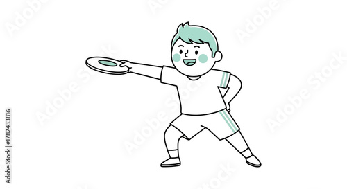 Illustrative boy throwing frisbee with athletic stance and cheerful expression cartoon style on