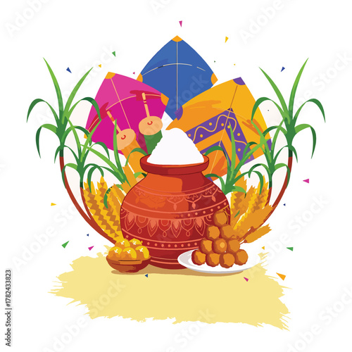 Festive Harvest Celebration with Kites and Traditional Indian Delicacies