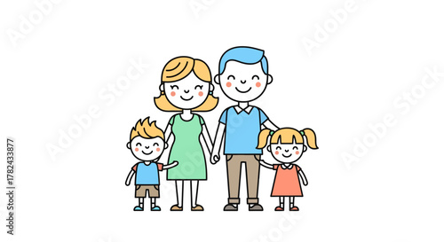 Happy family bonding together in a minimalist cartoon style representation with smiles and