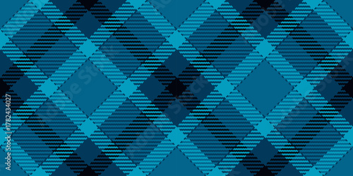 Folk tartan textile vector, 1970s texture pattern background. Autumn fabric seamless check plaid in cyan and black colors.