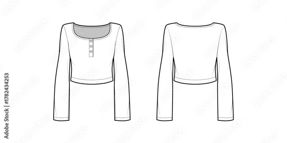 Naklejka premium Women's Long Sleeve Scoop Neck Henley Crop Top Fashion Flat Sketch-Front and Back View- Fashion Flat- Vector Illustration- CAD Mock-up