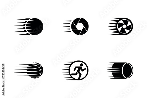Collection of dynamic speed icons representing motion photography sports and rapid delivery services