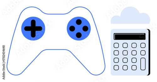 Game controller paired with a calculator and cloud icon symbolizing gaming, education, technology, and innovation. Ideal for gaming, learning, cloud systems, entertainment, and STEM-themed projects