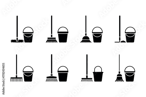 Black and white vector illustration of cleaning equipment including brooms mops and buckets for cleaning services