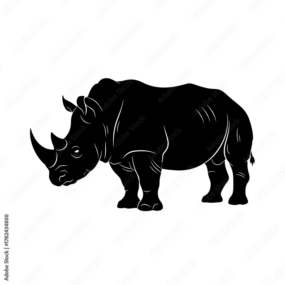 Fototapeta premium Silhouette of a Powerful Rhinoceros - Wildlife Icon in Black and White.